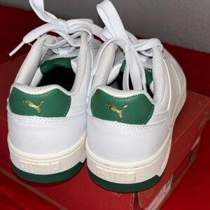 Puma White and Green Shoes with Gold Logo